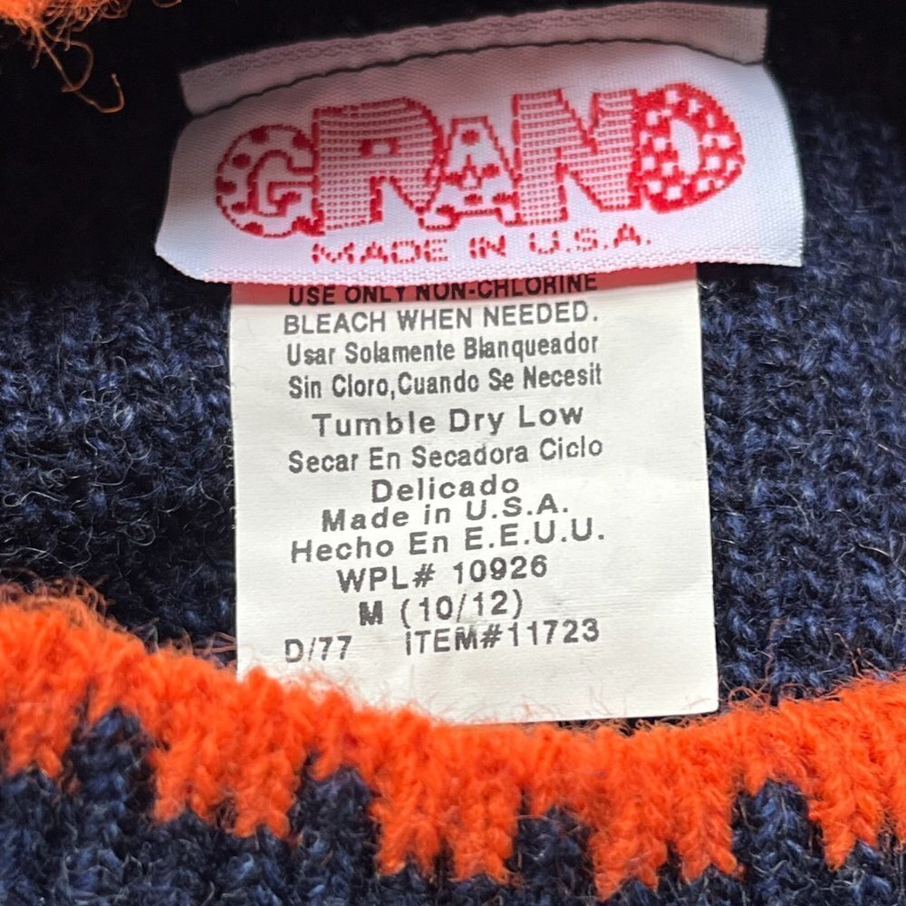 VTG GRAND Made in USA Blue Multicolored 3/4 sleeve Mock Neck Sweater 3D Hearts - Picture 7 of 8